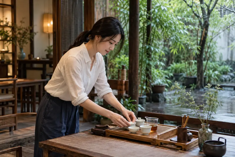 成都庭院茶席上，竹制茶具与盖碗摆放在木桌上